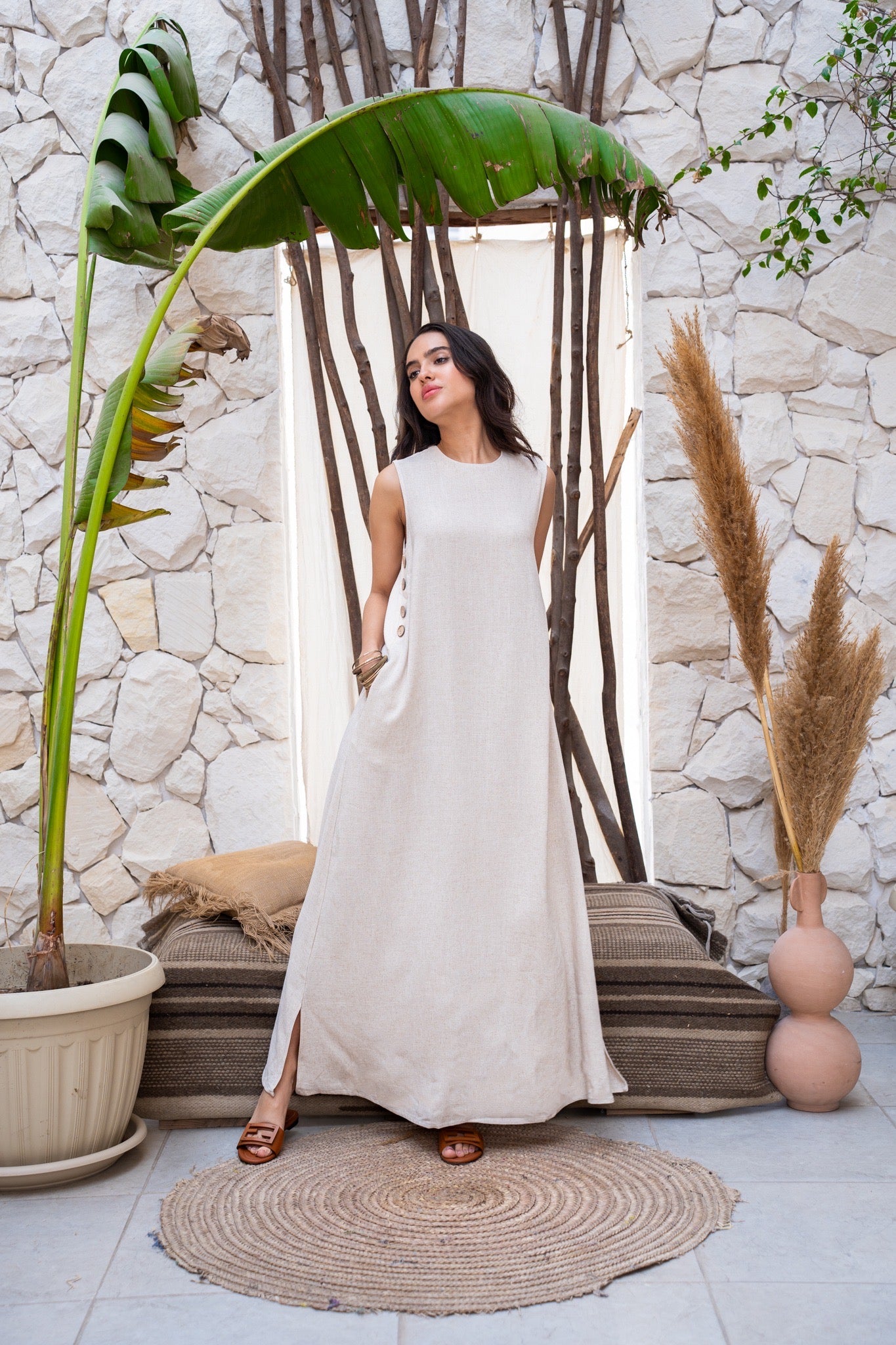 Beige linen dress with wooden buttons