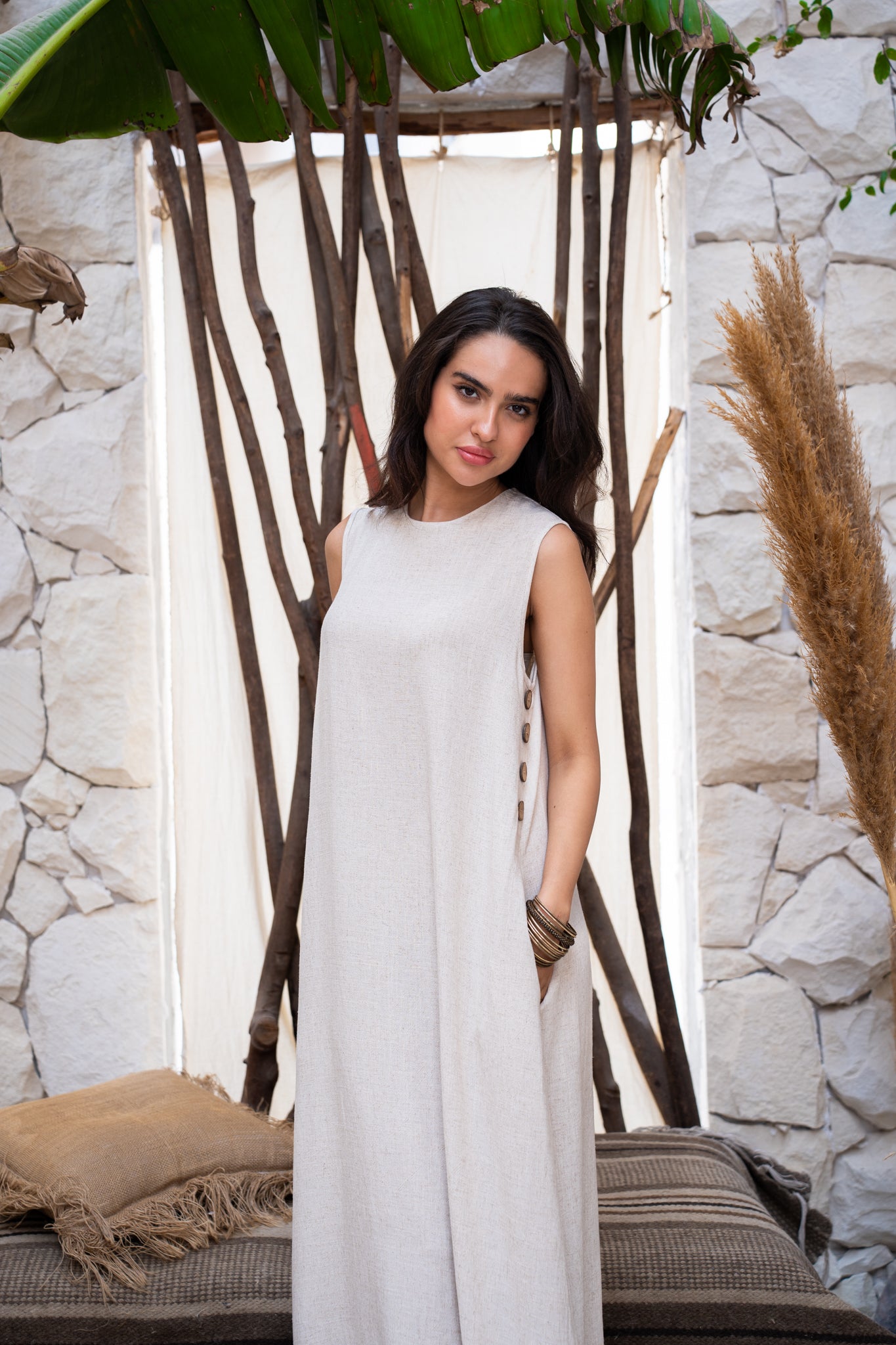 Beige linen dress with wooden buttons