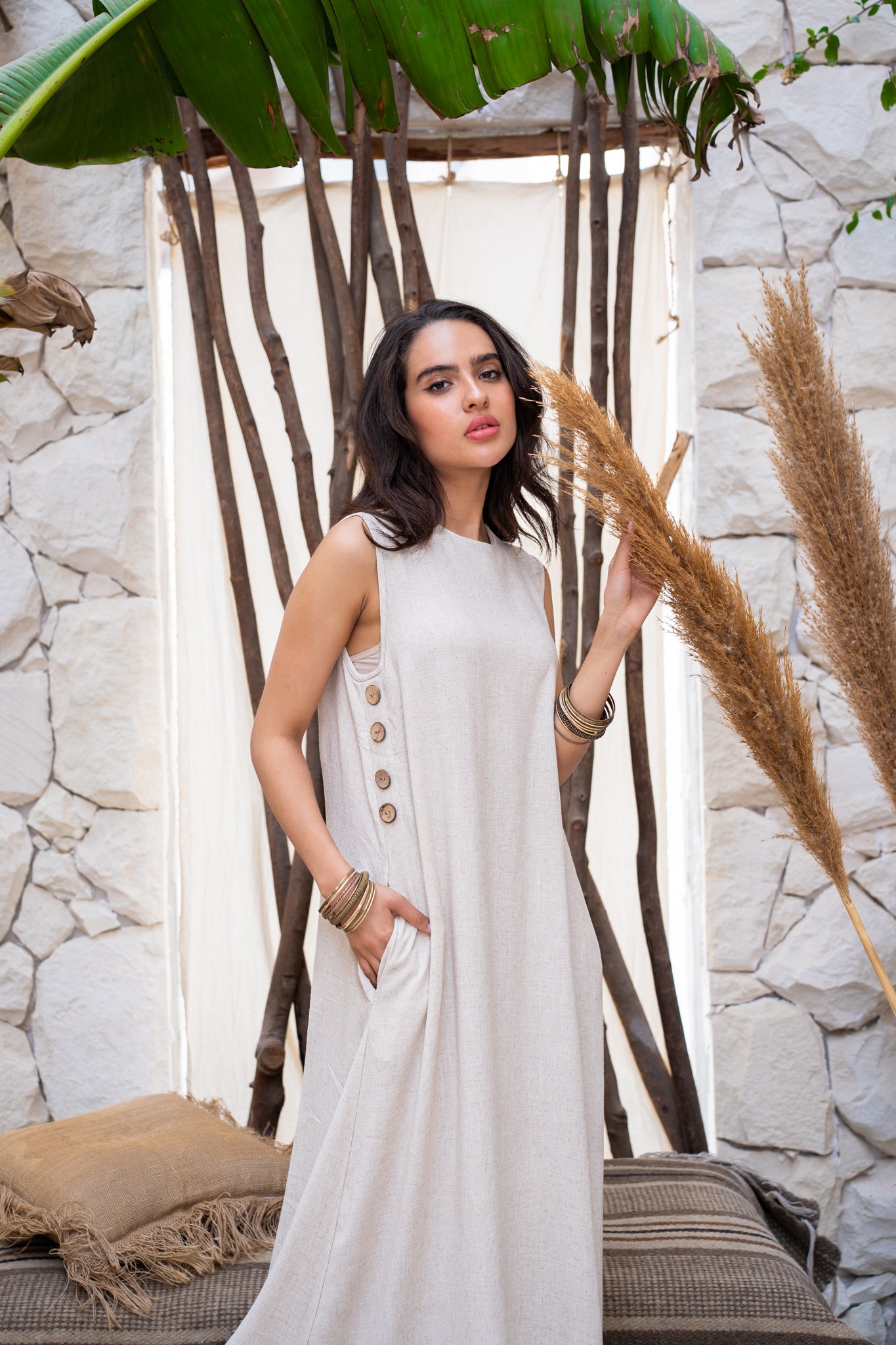Beige linen dress with wooden buttons