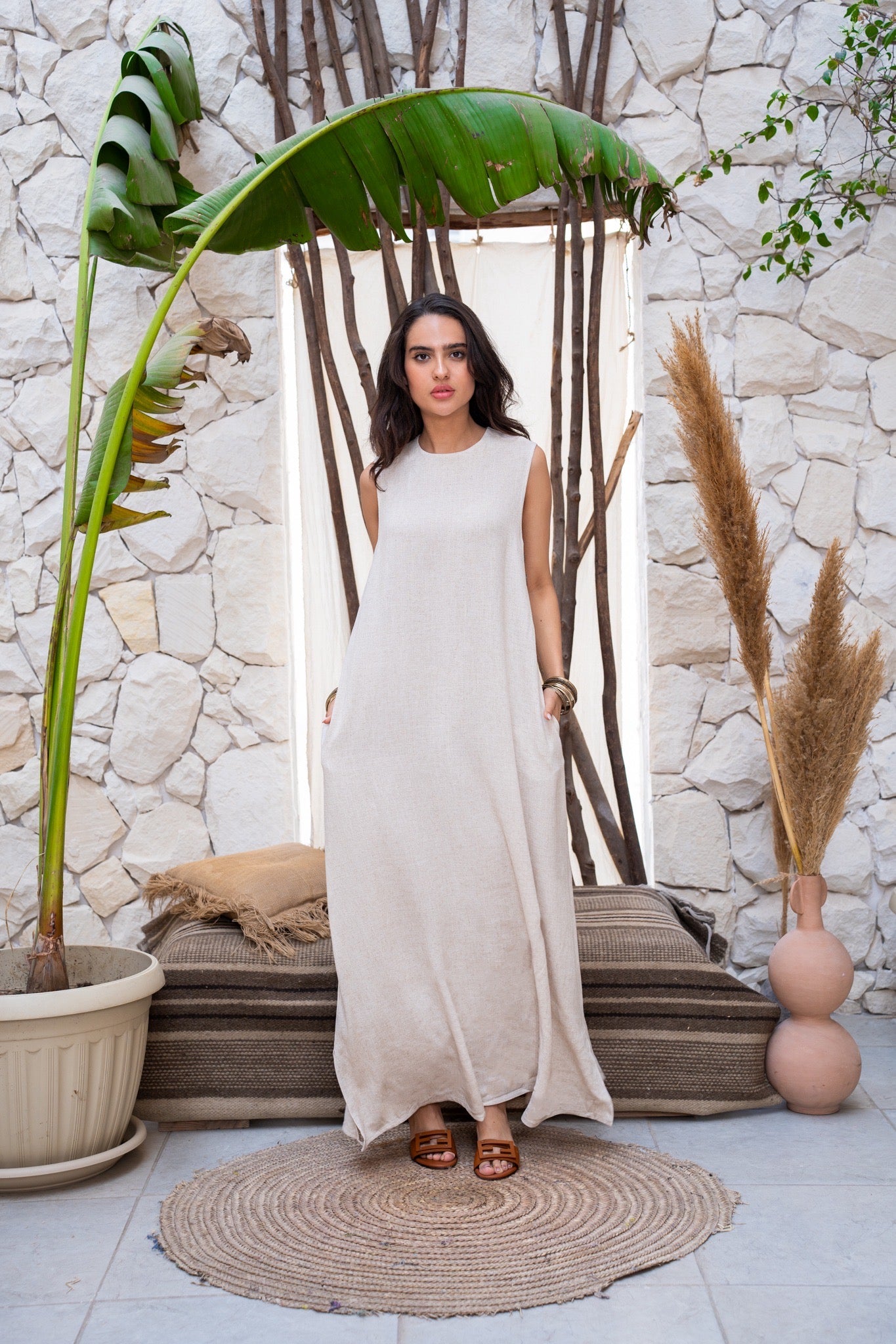 Beige linen dress with wooden buttons