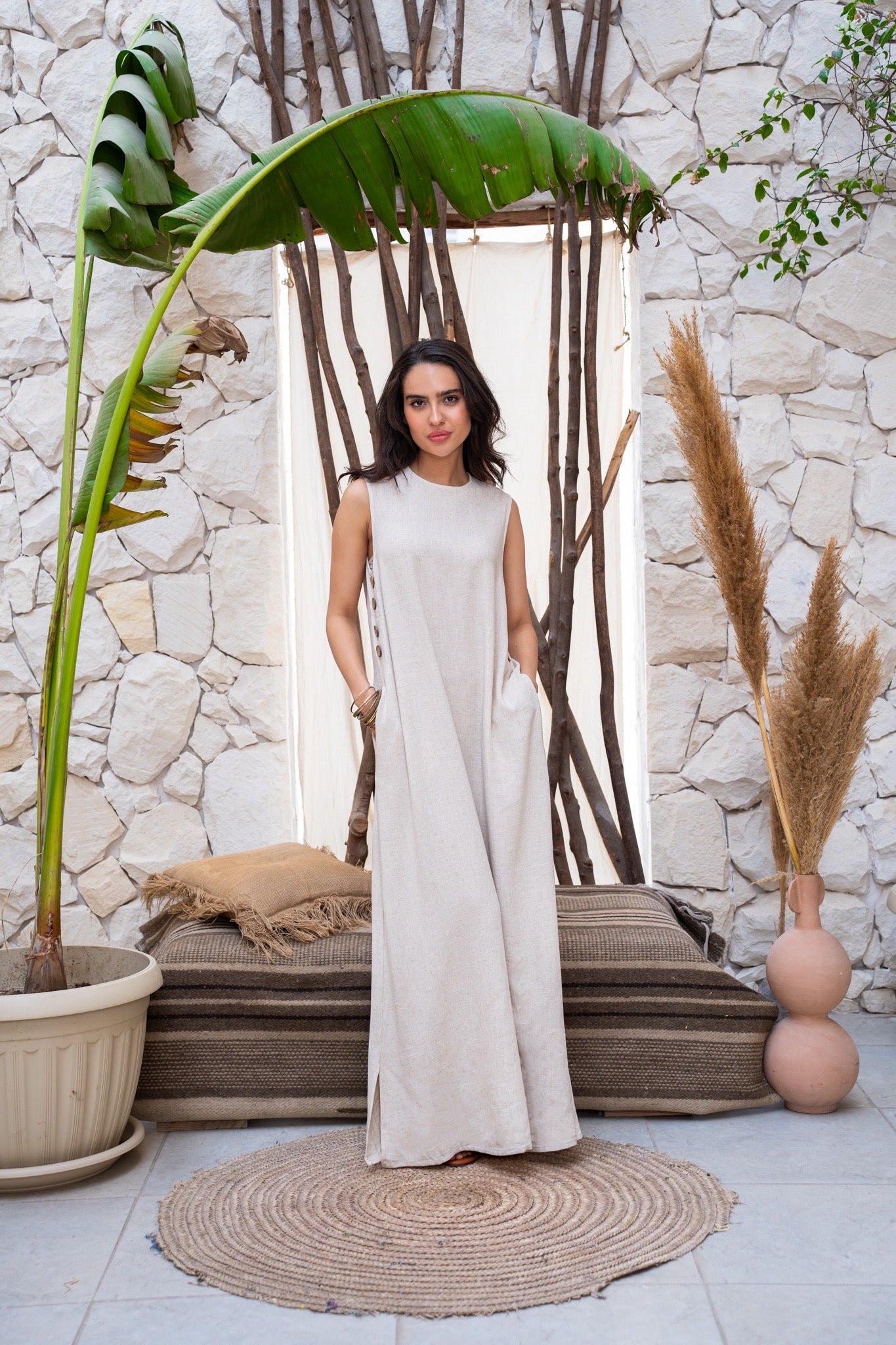 Beige linen dress with wooden buttons