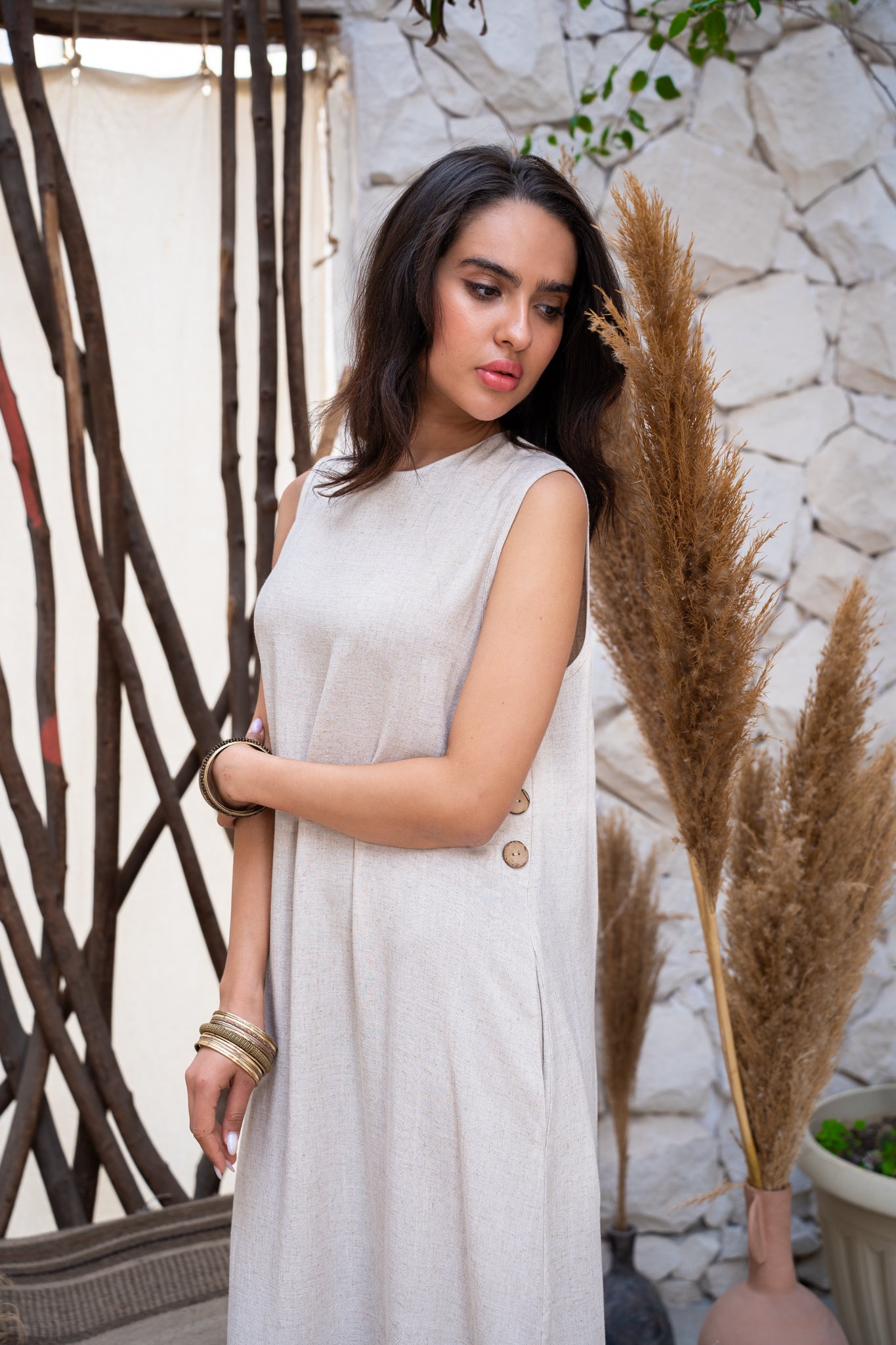Beige linen dress with wooden buttons